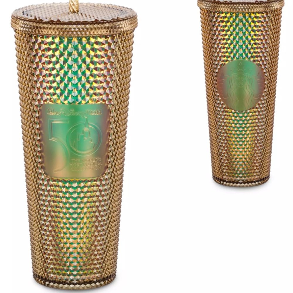 NIB Walt Disney World 50th Anniversary Gold Geometric Starbucks Tumbler w Straw
